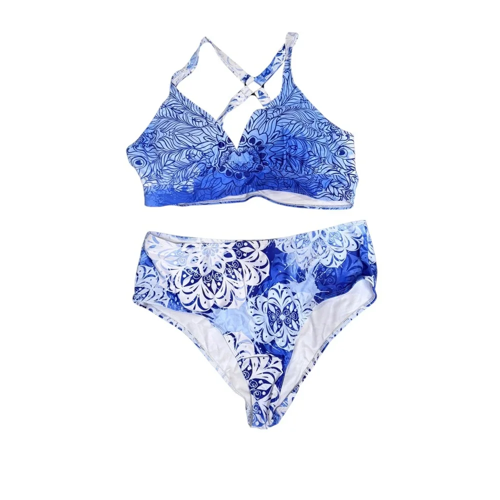 Rosegal Blue Mandala 3 Piece Swimsuit Set 1X Bikini Top High Waist Skirt fairy